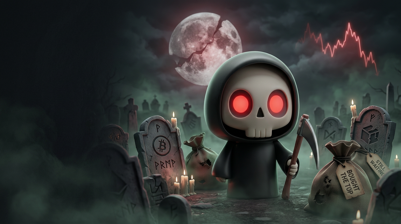 Grim Bagger in a foggy crypto graveyard