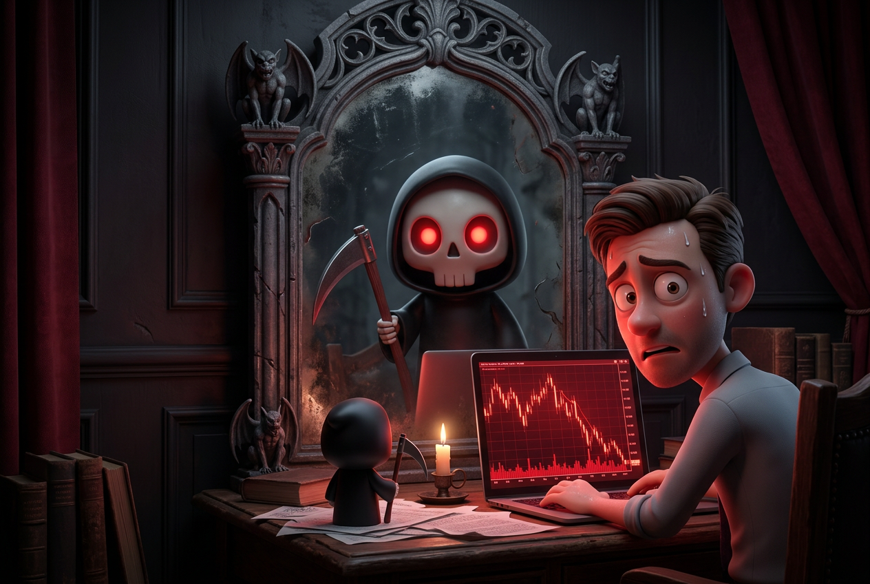 Grim Bagger appearing in a mirror behind a trader